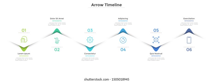 Horizontal zigzag timeline with six colorful staggered arrows or pointers. Concept of 6 milestones of company development. Flat infographic design template. Vector illustration for presentation.