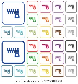 Horizontal zipper color flat icons in rounded square frames. Thin and thick versions included.