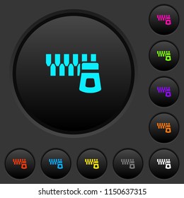 Horizontal zipper dark push buttons with vivid color icons on dark grey background