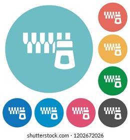 Horizontal zipper flat white icons on round color backgrounds