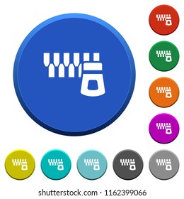Horizontal zipper round color beveled buttons with smooth surfaces and flat white icons