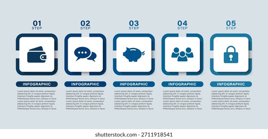 Elementos infográficos quadrados organizados horizontalmente. Visualização de dados, layout de relatório anual com ícones e espaço para dados.