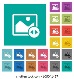 Horizontally move image multi colored flat icons on plain square backgrounds. Included white and darker icon variations for hover or active effects.