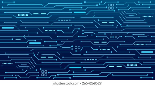 A horizontally oriented circuit board background, interconnected digital systems, modern circuit board connected on an abstract digital background