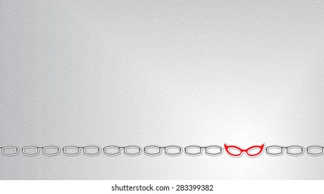 A horizontally oriented vector illustration of a single pair of bright red cat's eye glasses 
stands out in a line up of gray rectangular glasses on a lightly textured gray background.
