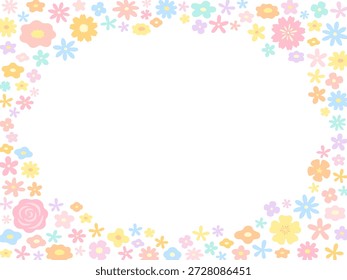 Horizontally oval frame surrounded by colorful pastel colored flowers