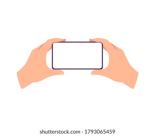 Horizontally placed in hands mobile phone with blank screen, flat cartoon vector illustration isolated on white background. Empty smartphone touchscreen in arms.