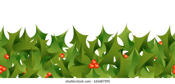 A horizontally repeatable border depicting a Christmas holly pattern. Eps 10 Vector.