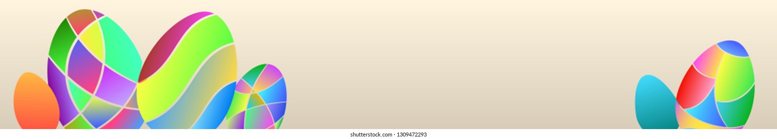 Horizontally repeated seamless banner of multicolor Easter eggs of colored gradient segments on beige background