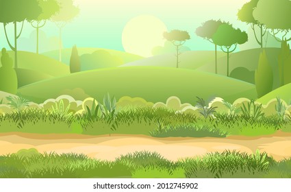 Horizontally Road. Amusing beautiful forest landscape. Cartoon style. The path through the hills with grass. Trail. Cool romantic pretty. Flat design illustration. Vector art