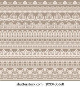 Horizontally seamless beige lace background with lace ribbons