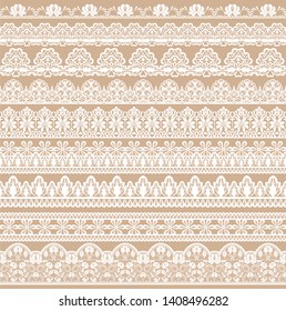 Horizontally seamless beige lace background with lace ribbons