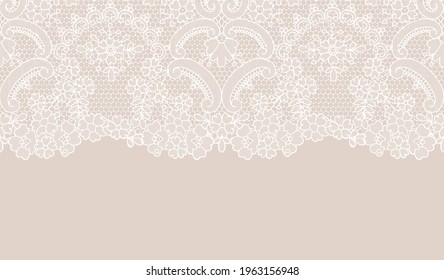 Horizontally seamless beige lace background with white lace borders