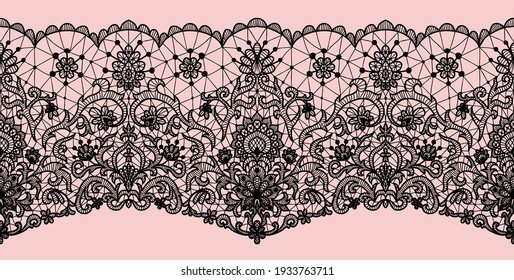 Horizontally seamless black lace background with floral pattern