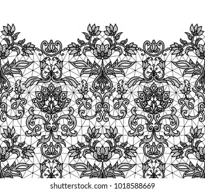 Horizontally seamless black lace border background with floral pattern isolated on white