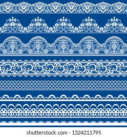 Horizontally seamless blue lace background with lace ribbons