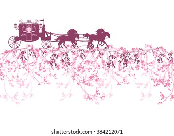 horizontally seamless border with blooming branches, flowers and a carriage