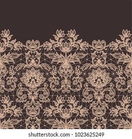 Horizontally seamless brown lace border background with floral pattern