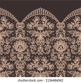 Horizontally seamless brown lace border background with floral pattern