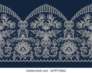 Horizontally seamless dark blue background and beige lace ribbon with floral pattern