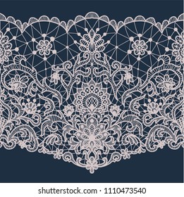 Horizontally seamless dark blue background and lace ribbon with floral pattern