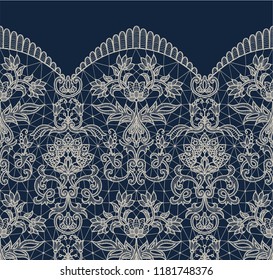 Horizontally seamless dark blue lace border background with floral pattern