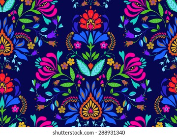 padrão folclórico floral sem costura. estilo europeu eslavo, cores brilhantes, fundo escuro. flores decorativas e ornamentos, layout simétrico para têxteis de interiores ou de moda.