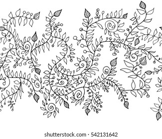 Horizontally seamless floral pattern in black and white colors. Vector hand drawn illustration.