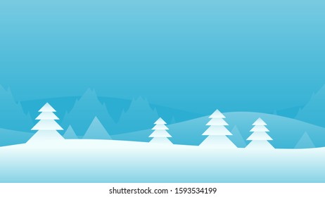 Horizontally seamless illustration of winter landscape with snowy pine trees and blue flat wavy background.