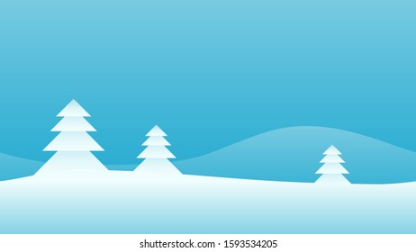 Horizontally seamless illustration of winter landscape with snowy pine trees and blue flat wavy background.