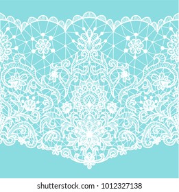 Horizontally seamless mint background and white lace ribbon with floral pattern