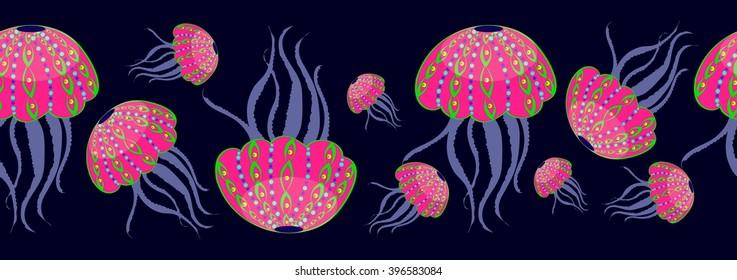 Horizontally seamless pattern of the colored jellyfish on a dark background. Abstract medusa.