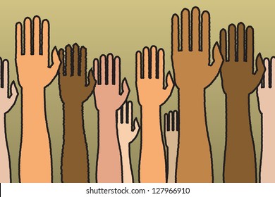 A horizontally seamless pattern of raised hands. Pattern is only seamless on the left and right sides, not the top and bottom.