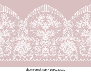 Horizontally seamless pink background and white lace ribbon with floral pattern