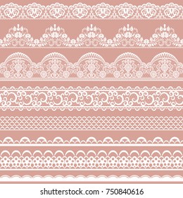 Horizontally seamless pink lace background with lace ribbons