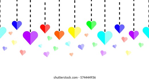 Horizontally seamless rainbow hearts with dashed lines on white background. Colorful repeating background for website headers and banners. Vector