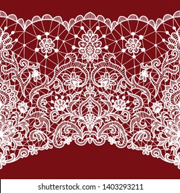 Horizontally seamless red background and white lace ribbon with floral pattern