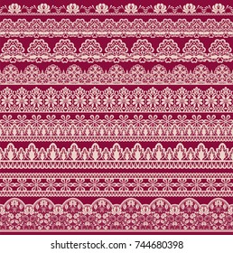 Horizontally seamless red lace background with lace ribbons