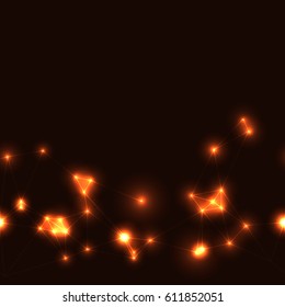 horizontally seamless template with glowing connected  orange stars. Modern technology triangular low polygon background with neon laser orange triangles.
