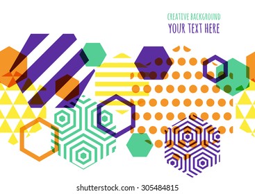 Horizontally seamless vector geometric background with place for text. Abstract creative concept for flyer, greeting card, invitation, poster design. Hexagon multicolor pattern.