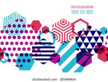 Horizontally Seamless Vector Geometric Background With Place For Text. Abstract Creative Concept For Flyer, Invitation, Greeting Card, Poster Design. Hexagon Multicolor Pattern.