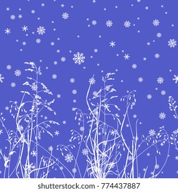 Horizontally seamless winter background. Silhouettes of grass under snowflake. 