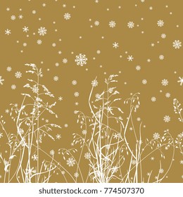 Horizontally seamless winter background. Silhouettes of grass under snowflake. 