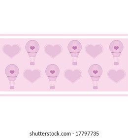 Horizontally striped vector wallpaper background of an illustrated pink hot air balloon with hearts. For jpeg version, please see my portfolio.