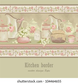 Horizontally texture seamless kitchen border with flowers, butterflies and ladybugs