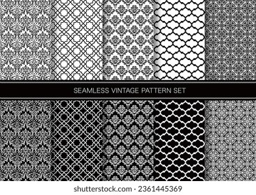 Horizontally And Vertically Repeatable Vector Seamless Monochrome Damask Vintage Pattern Set.