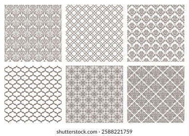 Horizontally And Vertically Repeatable Vector Seamless Damask Vintage Pattern Set Isolated On A White Background.