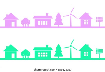 Horizontaly seamless pattern of homes and buildings. Town or city with green technologies implemented such as wind energy and solar energy of sun. Save the earth and trees ecology.