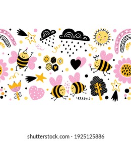 Horizopntal seamless border with bees, rainbows and stars.