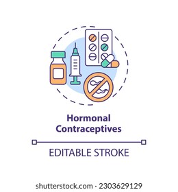 Icono del concepto de anticonceptivos hormonales. Píldora anticonceptiva. Protección contra la anticoncepción. Método de control de la natalidad. Ilustración de línea delgada de la idea abstracta de la salud de la mujer. Dibujo de contorno aislado. Trazo editable